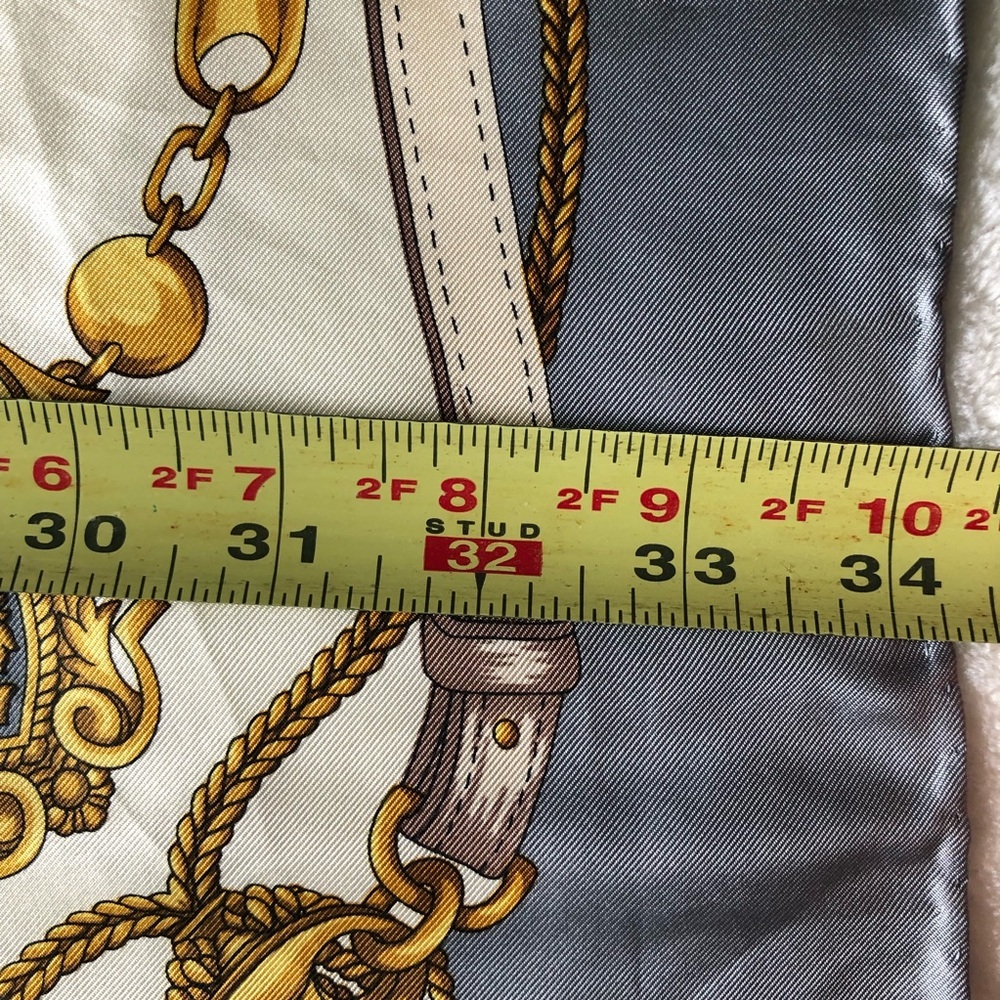 Silk Scarf - Gold Chains Tassels Filigree Design - Gray Black Cream Gold 34” - Picture 6 of 9